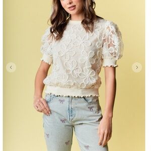 Rareraw “ Freda “ Rareraw Floral Lace Top with Sequin Accent and Puff Sleeve 26